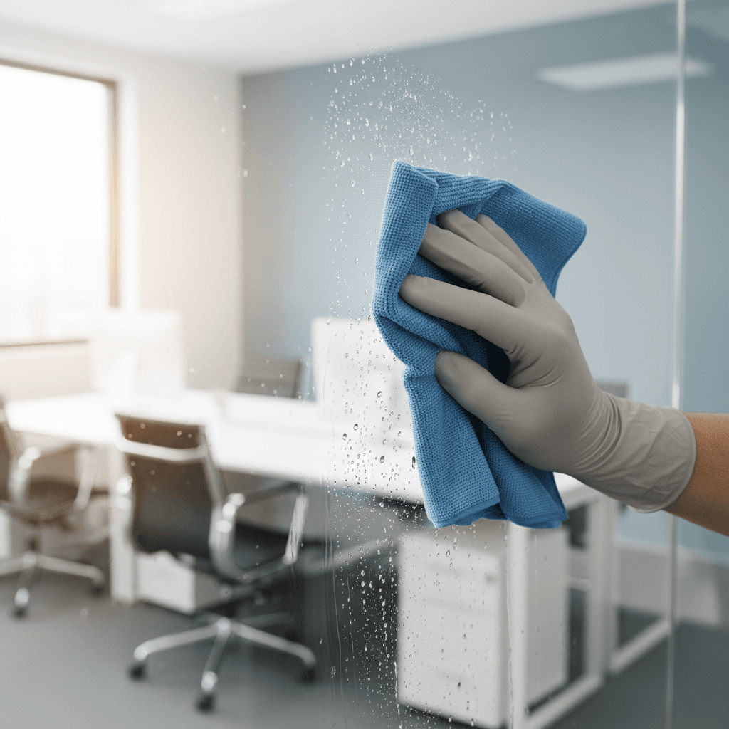 Professional cleaner polishing a glass surface with microfiber cloth
